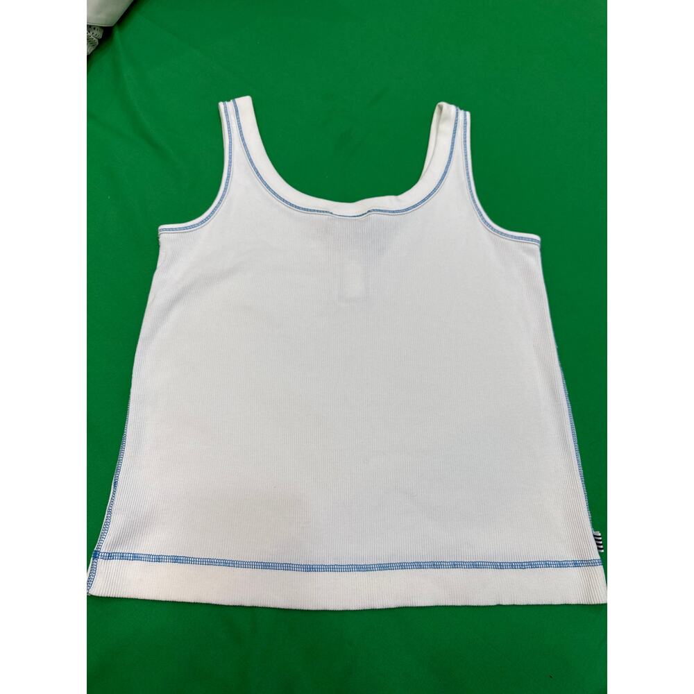 Jones New York women’s white ribbed cotton blue stitching Henley tank top L - Picture 4 of 11